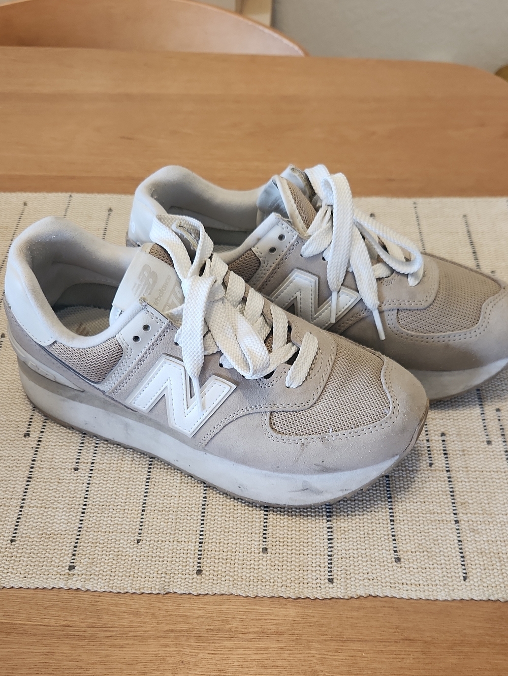 New Balance Beige and White Platfoem Sneakers